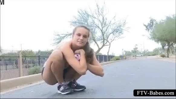 Sexy teen sporty babe jogging topless in public